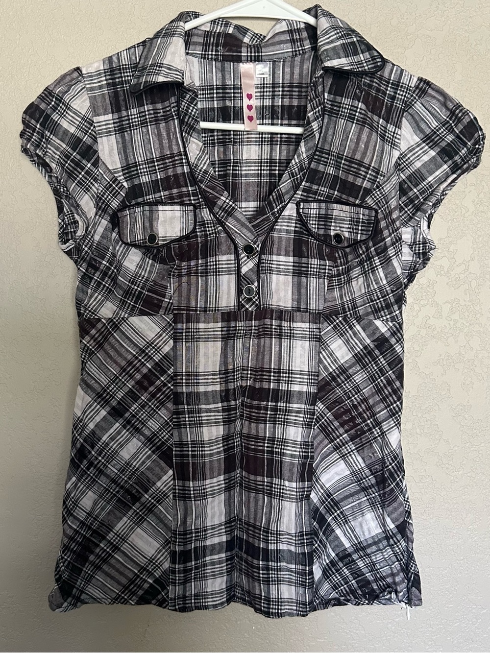 Heart & Soul Plaid Babydoll Henley Collared Button Top Y2K Black White Metallic